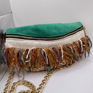 Mimi Me‎ Paris Cross Body Purse Removable Gold Chain Fringe Suede Leather Tweed